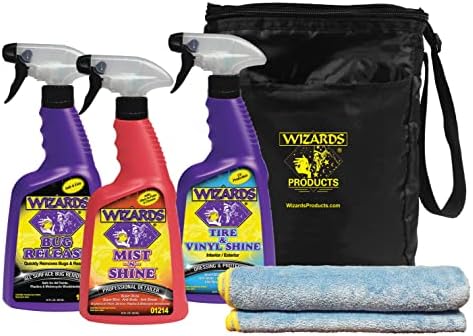Wizards 5 Piece Car Detailing Kit - Beginner Friendly Professional Car Detailing Kit - Car Accessories for Men - Comes with a Microfiber Towel, Storage Bag and 22 oz Spray Bottles by Wizards