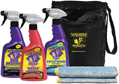 Wizards 5 Piece Car Detailing Kit - Beginner Friendly Professional Car Detailing Kit - Car Accessories for Men - Comes with a Microfiber Towel, Storage Bag and 22 oz Spray Bottles by Wizards