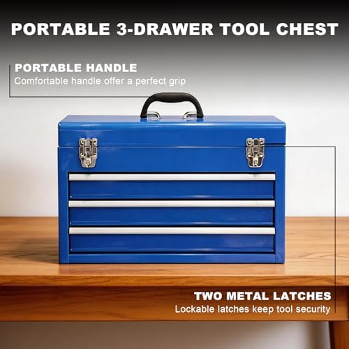 3 Drawer 20“ Metal Tool Box Portable Steel Tool Chest with Metal Latch Closure for Garage, Home and Workbench, Blue - Image 4