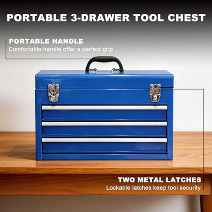 3 Drawer 20“ Metal Tool Box Portable Steel Tool Chest with Metal Latch Closure for Garage, Home and Workbench, Blue - Image 4