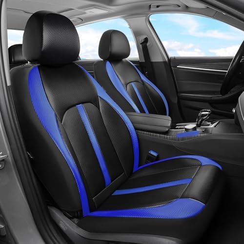 Coverado Leather Car Seat Covers Full Set & Carbon Fiber, Waterproof and Durable All Weather Protector, Universal Fit for SUV, Pickup Truck, Sedan, Automotive Vehicle Interior, Black&Blue - Image 2