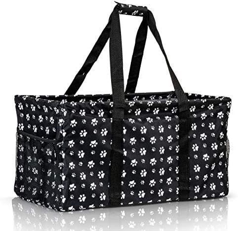 Extra Large Utility Tote Bag - Oversized Collapsible Reusable Wire Frame Rectangular Canvas Basket With Two Exterior Pockets For Beach, Pool, Laundry, Car Trunk, Storage - Dog Paw by Lucazzi