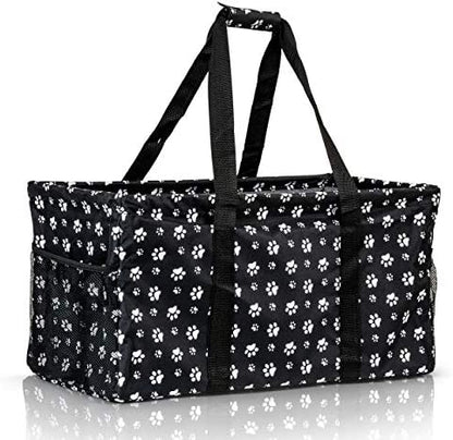Extra Large Utility Tote Bag - Oversized Collapsible Reusable Wire Frame Rectangular Canvas Basket With Two Exterior Pockets For Beach, Pool, Laundry, Car Trunk, Storage - Dog Paw by Lucazzi