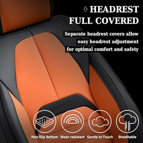 Coverado Car Seat Covers Full Set, Seat Covers for Cars, Automotive Seat Covers, Waterproof Nappa Leather Front Seats and Back Car Seat Protector, Universal Fit for Most Cars SUV Trucks,Black&Orange - Image 5