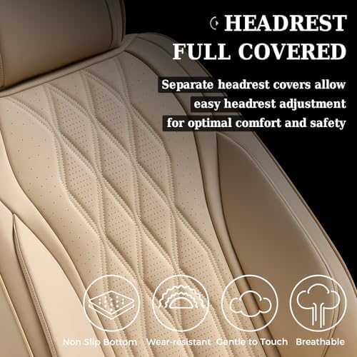 Coverado Front Seat Covers, Car Seat Protector, Waterproof Nappa Leather Cushion, Fit for Most Sedans SUV Pick-up Truck-Beige - Image 4
