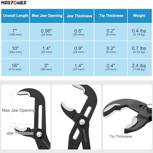MAXPOWER 7" 10" 16" Water Pump Pliers Set, Push Button V Jaw, Quick Release - Image 2