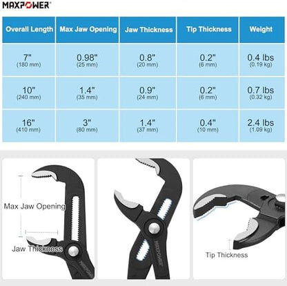 MAXPOWER 7" 10" 16" Water Pump Pliers Set, Push Button V Jaw, Quick Release - Image 2