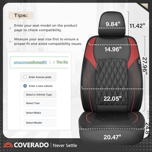 Coverado Automotive Seat Covers, Faux Leather Seat Covers Front Seat, Luxury Car Seat Covers, Seat Cushion, Front Driver Seat Covers, Car Seat Protector Truck Accessories Fit Most Cars, Black&Red - Image 2