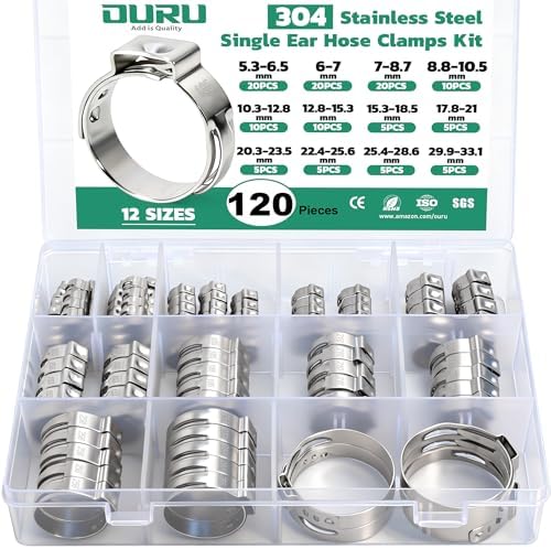 OURU 120PCS Single Ear Hose Clamps Assortment Kit, 5.3-33.1mm, 12 Sizes by OURU