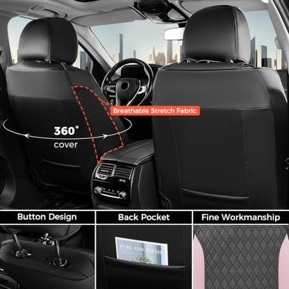 Coverado Car Seat Covers Full Set, Leather Seat Covers for Cars, Waterproof Car Seat Protectors, Front and Back Car Seat Cushions Automotive Seat Covers Universal Fit for Most Cars, Black&Pink - Image 3