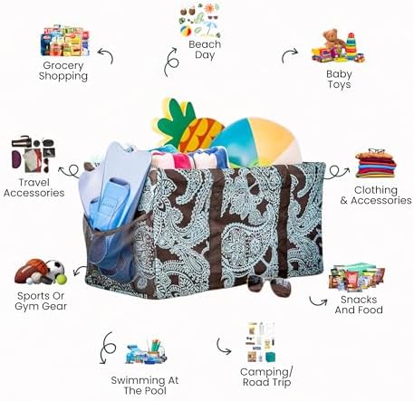 Extra Large Utility Tote Bag - Oversized Collapsible Reusable Wire Frame Rectangular Canvas Basket With Two Exterior Pockets For Beach, Pool, Laundry, Car Trunk, Storage - Paisley Blue - Image 3