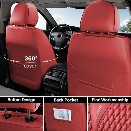 Coverado Car Seat Covers Full Set, Red Car Seat Cover, Luxury Leather Seat Covers for Cars, Waterproof Front and Back Car Seat Protector, Car Seat Cover Universal Fit for Most Cars - Image 2