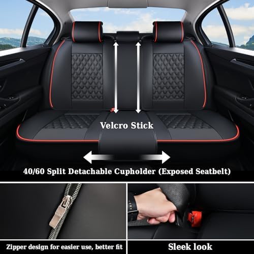 Coverado Full Set Car Seat Covers, Luxury Faux Leather Waterproof Seat Covers, 5-Seat Universal Fit, Front & Back Car Seat Protectors,Leather Seat Covers for Most Cars-Black & Red Line - Image 3