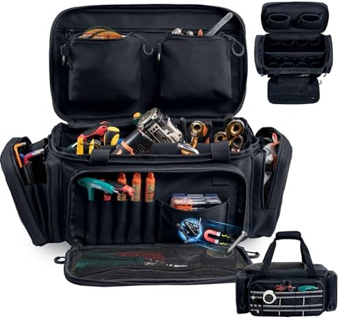 Heavy Duty Tool Bag Organizer with Strong Magnets & Detachable Pouches, Tactical Tool Tote for Men, Multiple Pockets, Anti-Friction Bottom Utility Tool's Bag for Electrician,Mechanic by FRECOLSH