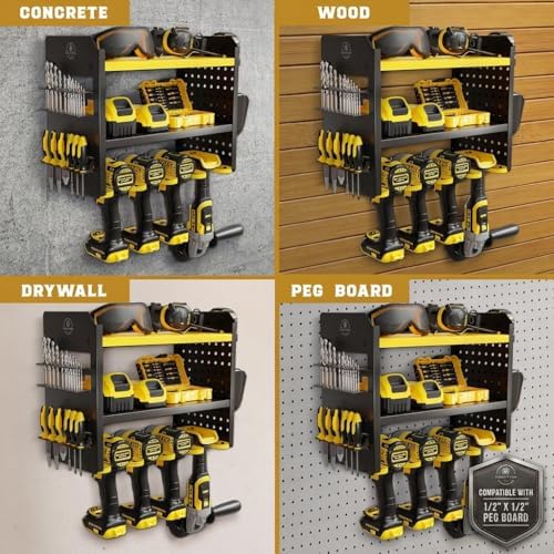 BUILTSTRONG Power Tool Organizer Wall Mount – 3-Tier Heavy-Duty Steel Rack, 4 Drill Slots, Pegboard + Utility Side, 100 lb Capacity – Garage, Workshop & Shed Storage (Yellow) - Image 5