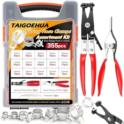 355Pcs Spring Band Hose Clamp Assortment Kit, 6-25mm 15 Sizes Carbon Steel for Fuel Line, Vacuum & Silicone Hoses, Automotive & DIY, with Swivel Jaw Pliers & Removal Tool by Taigoehua