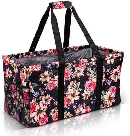 Extra Large Utility Tote Bag, Oversized Collapsible Reusable Wire Frame Rectangular Canvas Basket With Two Exterior Pockets For Beach, Pool, Laundry, Car Trunk, Storage - Rose by Lucazzi