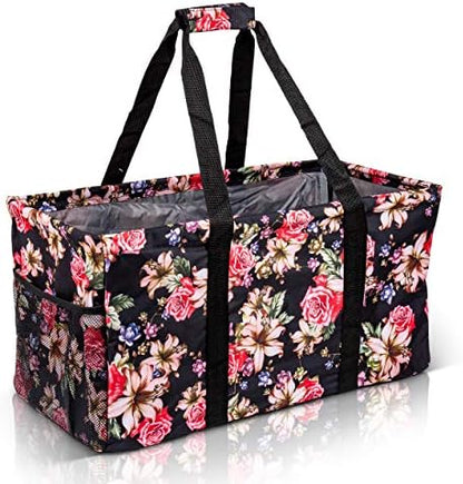 Extra Large Utility Tote Bag, Oversized Collapsible Reusable Wire Frame Rectangular Canvas Basket With Two Exterior Pockets For Beach, Pool, Laundry, Car Trunk, Storage - Rose by Lucazzi