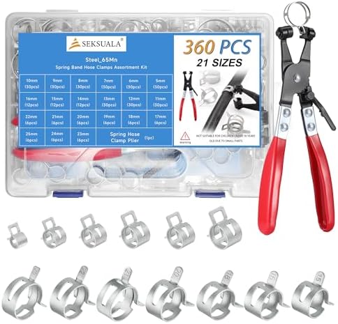 360Pcs 1/5" to 1" (5-25mm) Spring Band Hose Clamps Assortment Kit with Swivel Flat Hose Clamp Plier, SEKSUALA Constant Tension Steel Clamps for Fuel Lines, Silicone,Vacuum Hoses (Grey) by Choosewhatyouneed