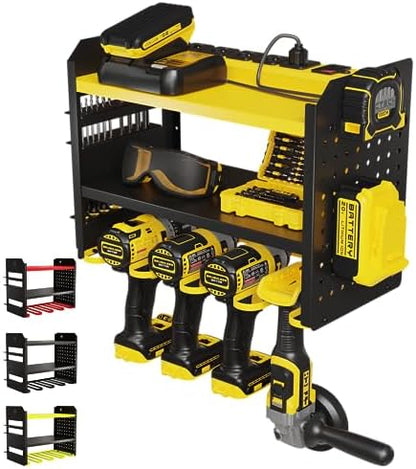 BUILTSTRONG Power Tool Organizer Wall Mount – 3-Tier Heavy-Duty Steel Rack, 4 Drill Slots, Pegboard + Utility Side, 100 lb Capacity – Garage, Workshop & Shed Storage (Yellow) by BUILTSTRONG
