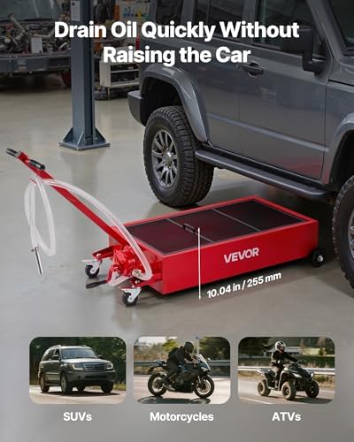 VEVOR Low Profile Oil Drain Pan, 20 Gallon Capacity, Rolling Oil Drain Pan with Manual Pump, 7.2 ft Hose & T Folding Handle, Leak-Proof & Corrosion-Resistant, Fit for Cars, SUVs, Trucks, ATVs, Red - Image 4