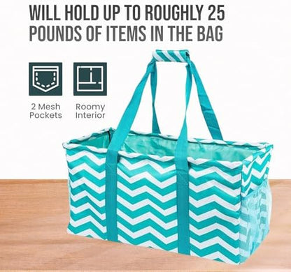 Extra Large Utility Tote Bag - Oversized Collapsible Reusable Wire Frame Rectangular Canvas Basket With Two Exterior Pockets For Beach, Pool, Laundry, Car Trunk, Storage - Chevron Teal - Image 5