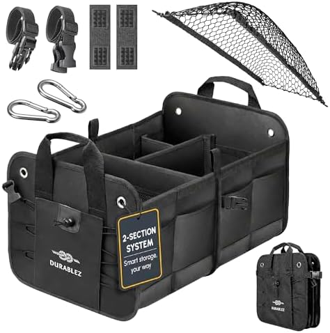 Car Trunk Organizer - Collapsible, Foldable - with Covering Net, Removable Dividers, Attachable Non-Slip Pads, Mounting Straps, and Stainless Hooks - for SUV, Truck, Sedan, Minivan, and Van - Black by DURABLEZ