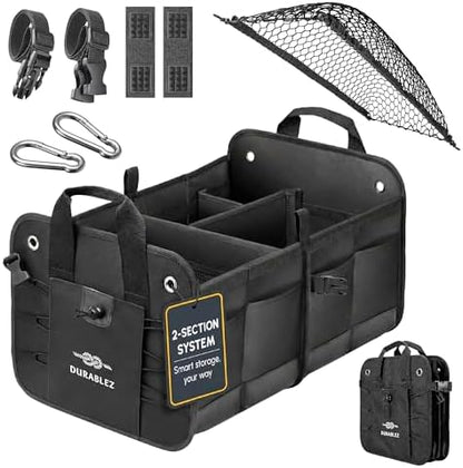 Car Trunk Organizer - Collapsible, Foldable - with Covering Net, Removable Dividers, Attachable Non-Slip Pads, Mounting Straps, and Stainless Hooks - for SUV, Truck, Sedan, Minivan, and Van - Black by DURABLEZ
