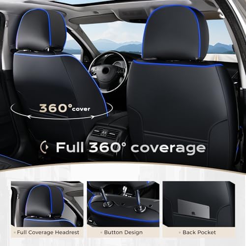 Coverado Full Set Car Seat Covers, Front & Back Luxury Faux Leather Waterproof Seat Covers,Car Seat Protectors, Universal Fit for Most Vehicles-Black & Blue - Image 3