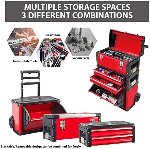 Big RED TRJF-C305ABD Torin Garage Workshop Organizer: Portable Steel and Plastic Stackable Rolling Upright Trolley Tool Box with 3 Drawers, 20.5" L x 12.6" W x 28.4" - Image 5