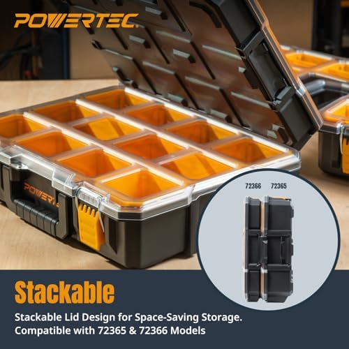POWERTEC Small Parts Organizer & Tool Box – 20 Compartments, IP65 Water & Dust Protection, Stackable Storage with Interlocking Latch, Removable Bin, Dividers, Clear Lid, Portable Design (72366) - Image 4