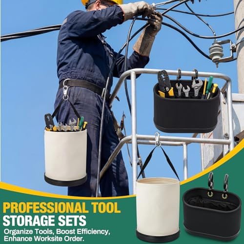 2 Pack Canvas Bucket & Oval Tool Bag, Bucket Tool Organizers with Reinforced Bottom and Hook for Lineman Electrician Construction Workers (White + Black) - Image 5