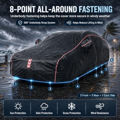 Car Cover Waterproof All Weather, 8-Point Fastening for Sedans 194-208 in - Image 2