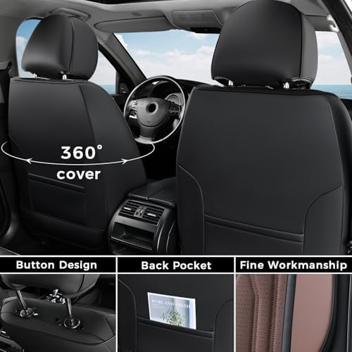 Coverado Front Seat Covers, Car Seat Protector, Waterproof Nappa Leather Cushion, Fit for Most Sedans SUV Pick-up Truck-Black&Coffee - Image 2
