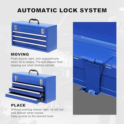 3 Drawer 20“ Metal Tool Box Portable Steel Tool Chest with Metal Latch Closure for Garage, Home and Workbench, Blue - Image 5