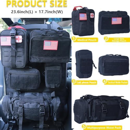 Universal Tactical Car Seat Back Organizer Bag Tactical Molle Vehicle Organizers Panel Vehicle Protector Organizers with 5 Detachable Pouches for Car (Upgraded D Black) - Image 4