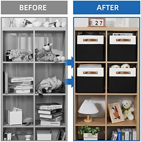 Temary 11 inch Cube Storage Bin 4 Pack Fabric Storage Cubes for Home, Fabric Storage Bin Storage Cube Bins with Leather Handles(White&Black) - Image 5