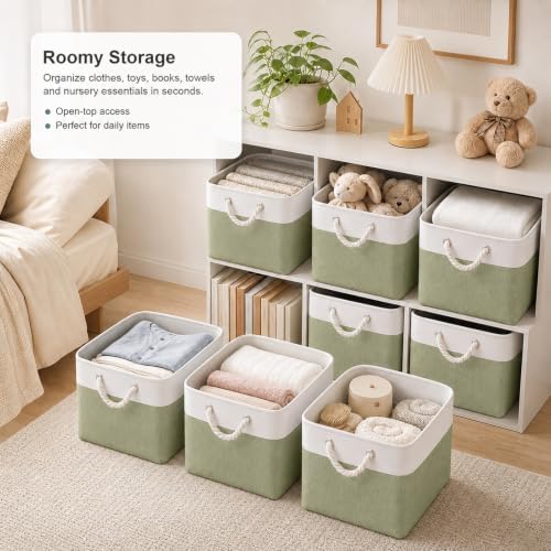 11x11 Inch Cube Storage Bins, 6 Pack Collapsible Fabric Storage Cubes with Rope Handles, Waterproof Foldable Storage Baskets for Cube Shelves, Closet, Clothes, Toys, Books, White & Green - Image 2