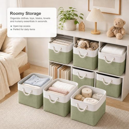 11x11 Inch Cube Storage Bins, 6 Pack Collapsible Fabric Storage Cubes with Rope Handles, Waterproof Foldable Storage Baskets for Cube Shelves, Closet, Clothes, Toys, Books, White & Green - Image 2