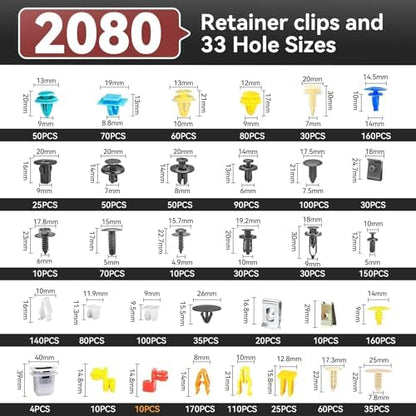 2080PCS Auto Retainer Clips Kit with Fastener Plier, Trim Removal Tools and 3-Layer Organizer Box, 33 Most Common Push Rivets for Car Bumper, Fender, Door Panel and Interior Repair - Image 2