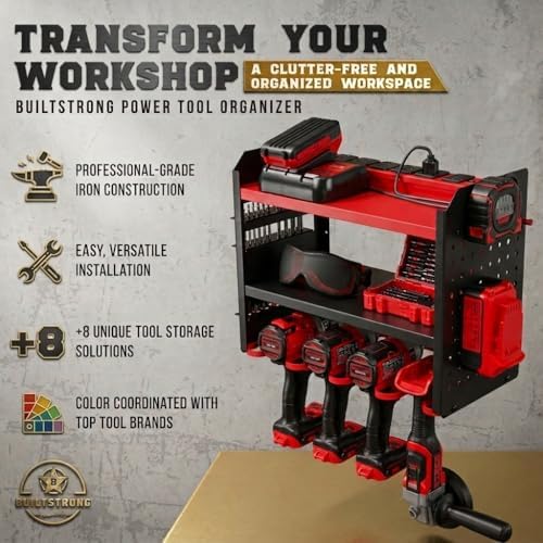 BUILTSTRONG Power Tool Organizer Wall Mount – 3-Tier Heavy-Duty Steel Rack, 4 Drill Slots, Pegboard + Utility Side, 100 lb Capacity – Garage, Workshop & Shed Storage (Red) - Image 3