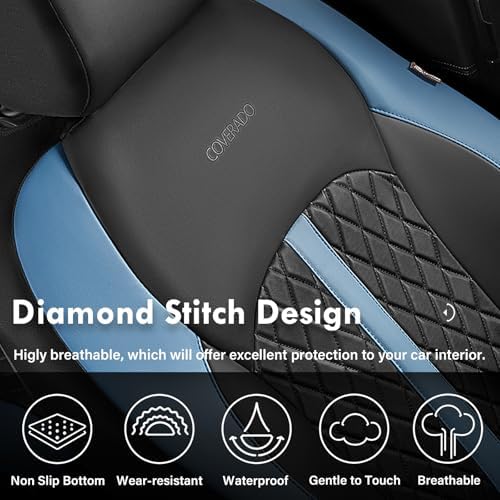 Coverado Universal Leather Seat Covers Full Set for 5 Seats – Waterproof, Durable All-Weather Protector for SUV, Pickup Truck, Sedan, Blue&Black - Image 5