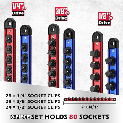 8-Piece Magnetic Socket and Wrench Organizer Set, Metric & SAE, 1/4", 3/8", 1/2" Drive Socket Rail, 24-Slots Wrench Holder with Non-Slip Handle for Toolbox Drawer Storage (Socket Wrench not Included) - Image 2