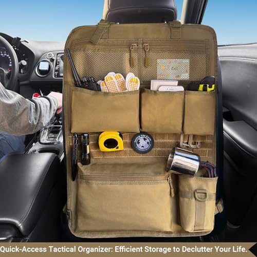 Tactical Car Seat Organizer with Multiple Pockets, MOLLE Panel System & Mesh Compartments, Durable Nylon ​Universal Vehicle Seat Back Storage with Cup Holder, Water-Resistant (Mud)​ - Image 6