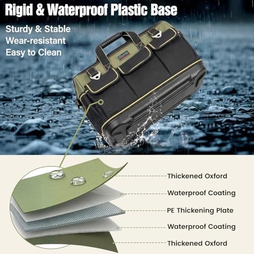 Tool Bag, Ounic 16 Inch BigTool Tote Bag Heavy Duty With Waterproof Molded Base, Wide Mouth Tool Box Organizer with Adjustable Shoulder Strap for Electrician Mechanic Craftsman Plumbers(Green) - Image 5
