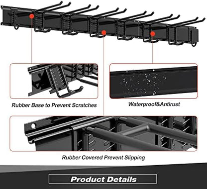 Sttoraboks Garage Wall Organizer, Heavy Duty Tool Hangers for Garage Wall with 8 Double Hooks & 3 Rails, Tool Organizer Wall Mount, Garage Hanging Storage Rack for Shovel, Rake, Broom and Ski Gear - Image 4