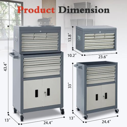 13-Drawer Rolling Tool Chest with Double Door Handle, 2-in-1 Detachable Metal Storage Cabinet with Wheels and Lock, Large Capacity Tool Box for Garage, Gift for Men Dad Husband Fathers(Grey) - Image 2