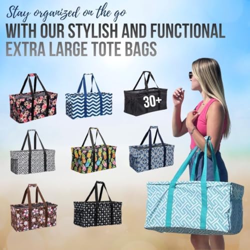 Extra Large Utility Tote Bag - Oversized Collapsible Reusable Wire Frame Rectangular Canvas Basket With Two Exterior Pockets For Beach, Pool, Laundry, Car Trunk, Storage - Pineapple - Image 2