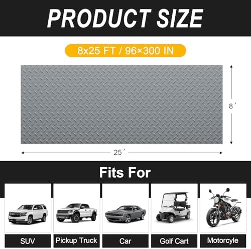 Grandroad auto 8x25 FT Garage Floor Mat, 2.8mm Thickened Flooring Roll for Under Car Diamond Plate PVC Rubber Mat with 20 Pcs Tapes, Non-Slip Floor Mat for Garage, Warehouse, Gyms, Trailer, Gray - Image 2