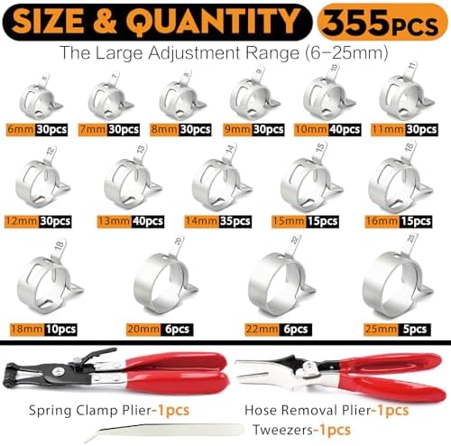 355Pcs Spring Band Hose Clamp Assortment Kit, 6-25mm 15 Sizes Carbon Steel for Fuel Line, Vacuum & Silicone Hoses, Automotive & DIY, with Swivel Jaw Pliers & Removal Tool - Image 2